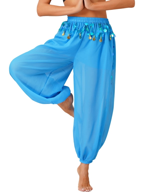 Women's Belly Dance Pants Bloomers Arabic Loose Lantern Pants Sky Blue One Size