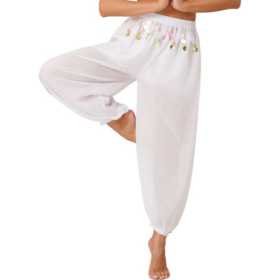 MSemis Women's Belly Dance Pants Bloomers Arabic Loose Lantern Pants White One Size