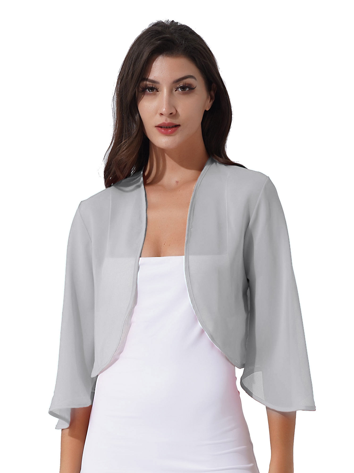 MSemis Women s Chiffon 3 4 Sleeve Sheer Bolero Shrug Top Open Front Jacket Cardigan Grey 3XL