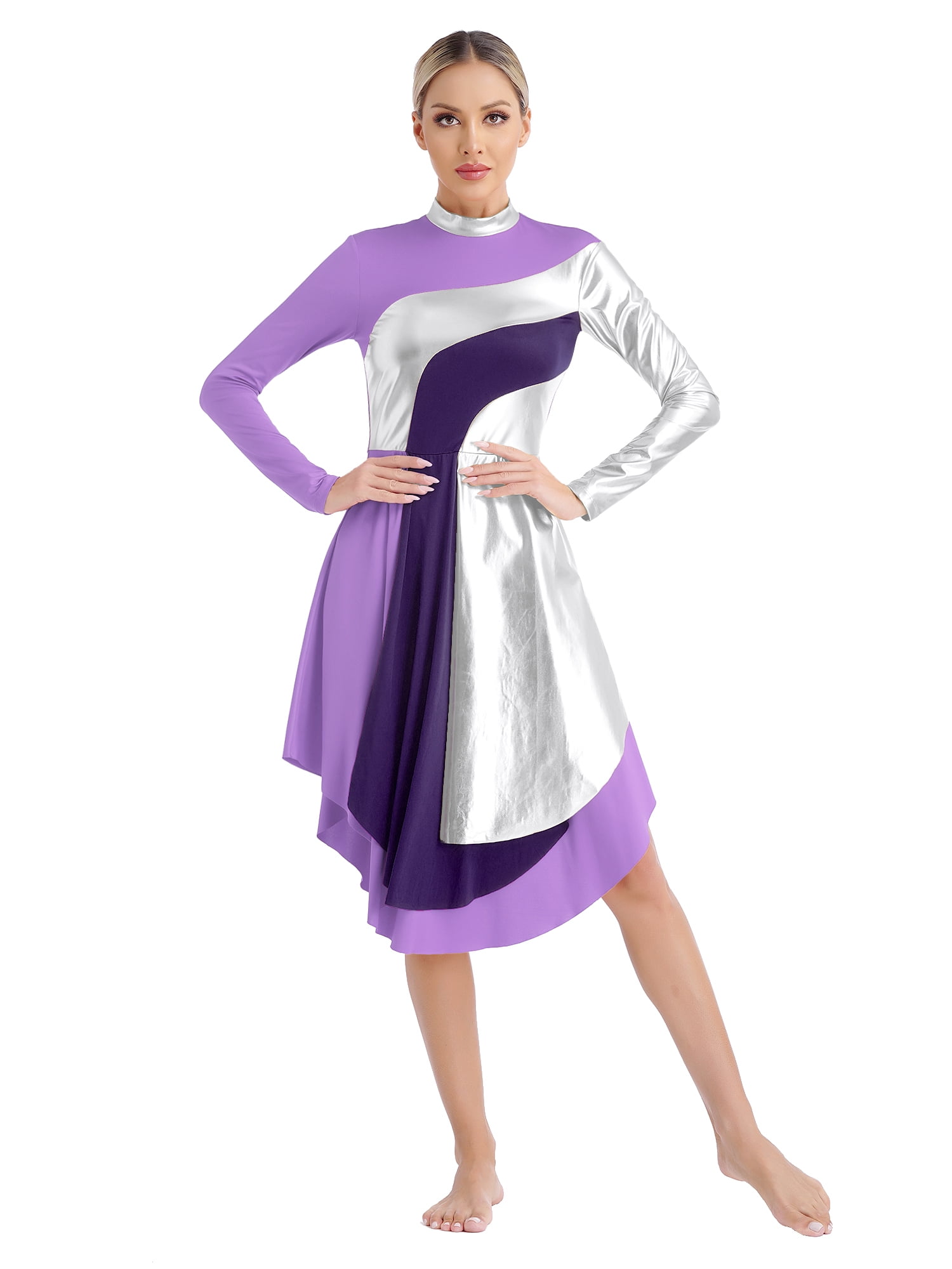 Metallic Sequin Lyrical Dress Women's Metallic Sequin Praise Dance Dress – Asymmetric Ruffle, Lyrical Worship Costume