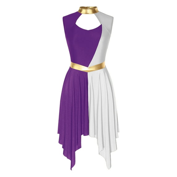MSemis Women's Color Block Praise Dance Dress Liturgical Worship Tunic Irregular Hem Church Dancewear Purple&White XXL