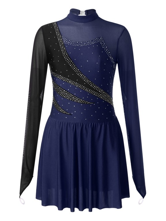 Women's Figure Ice Skating Dance Dress Roller Skating Dance Competition Navy Blue XXL