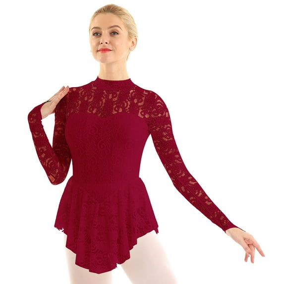 MSemis Women's Floral Lace Long Sleeve Figure Ice Skating Dress