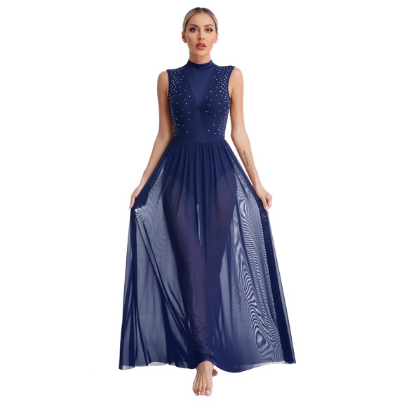 MSemis Women's Long Lyrical Dance Costume Modern Contemporary Dance Dress Navy Blue L