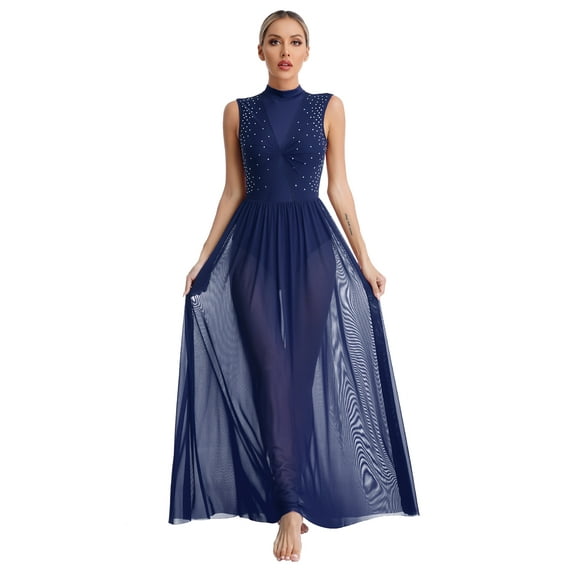 MSemis Women's Long Lyrical Dance Costume Modern Contemporary Dance Dress Navy Blue M