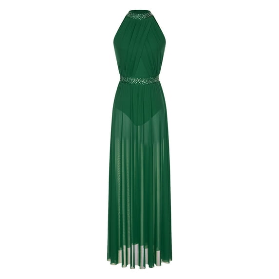 MSemis Women's Long Maxi Lyrical Modern Dance Dress Mesh Halter Contemporary Dance Costume Green M
