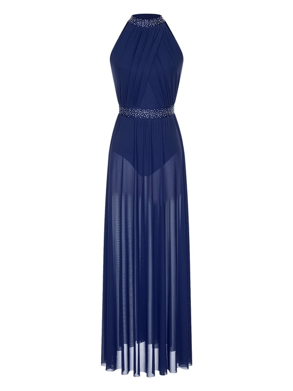 Women's Long Maxi Lyrical Modern Dance Dress Mesh Halter Contemporary Dance Costume Navy Blue S