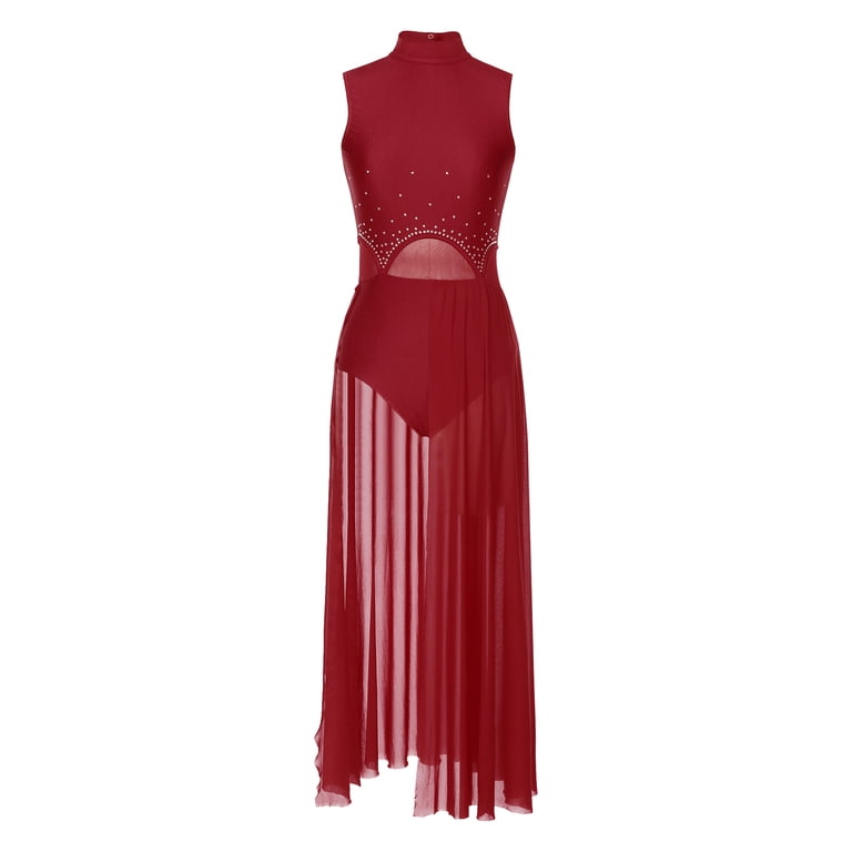 MSemis Women's Lyrical Dance Costume Rhinestone Long Mesh Modern Dress  Burgundy XXL - Walmart.com