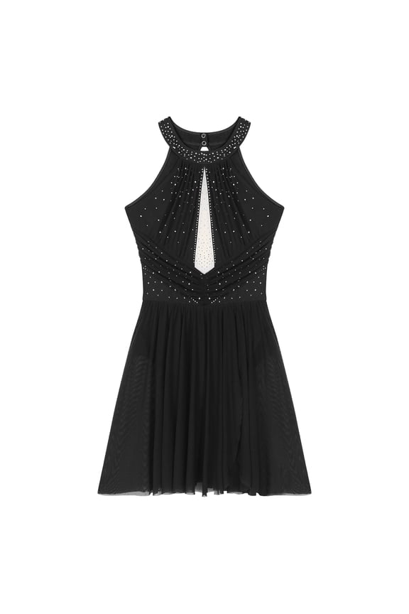 Women's Lyrical Dance Leotard Dress Sleeveless Rhinestones Asymmetrical Mesh Tulle Flowy Black XL