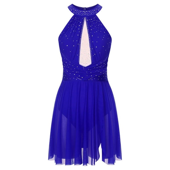 MSemis Women's Lyrical Dance Leotard Dress Sleeveless Rhinestones Asymmetrical Mesh Tulle Flowy Blue XXL