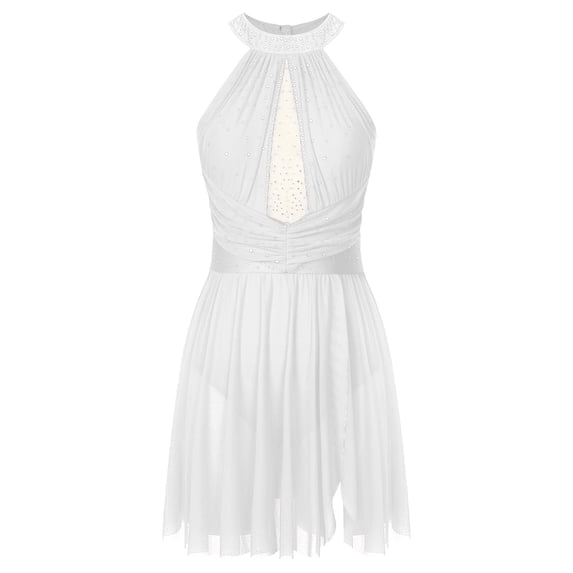 MSemis Women's Lyrical Dance Leotard Dress Sleeveless Rhinestones Asymmetrical Mesh Tulle Flowy White XXL