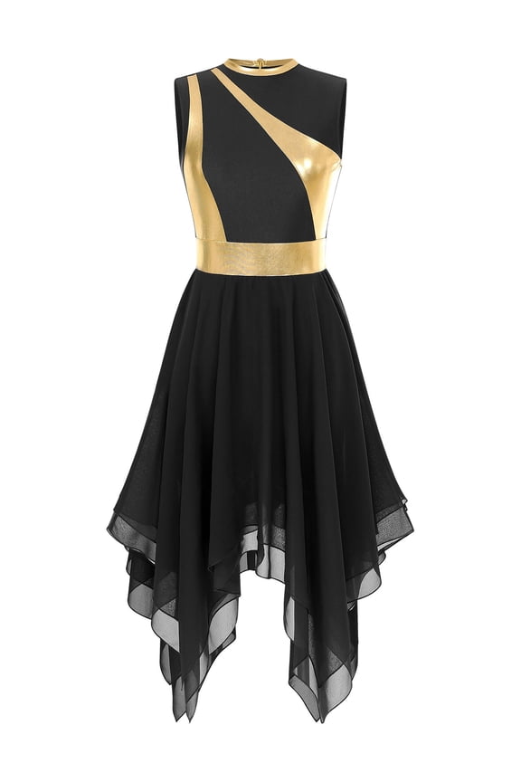Women's Metallic Worship Praise Dance Dress Chiffon Lyrical Dance Costume Black XXL