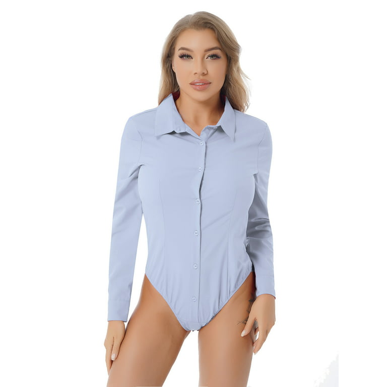 MSemis Women's One-Piece Long Sleeve Button Down Easy Care Work Bodysuit  Shirt 