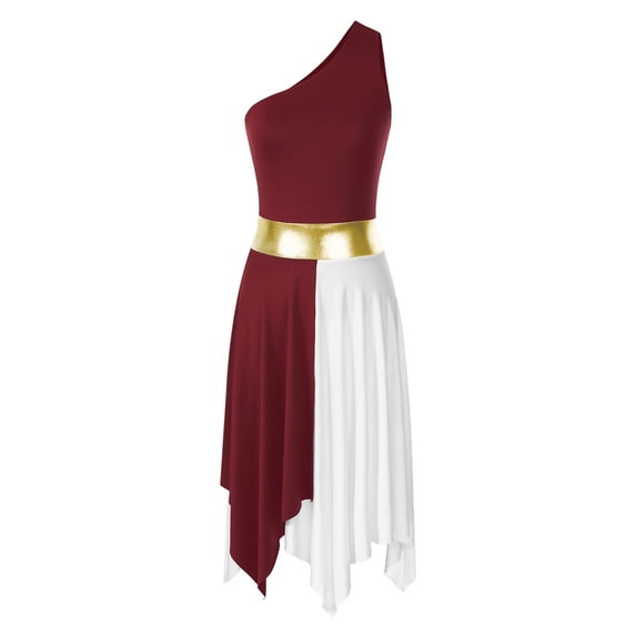 MSemis Women's One Shoulder Color Block Lyrical Worship Praise Dance Dress Burgundy M