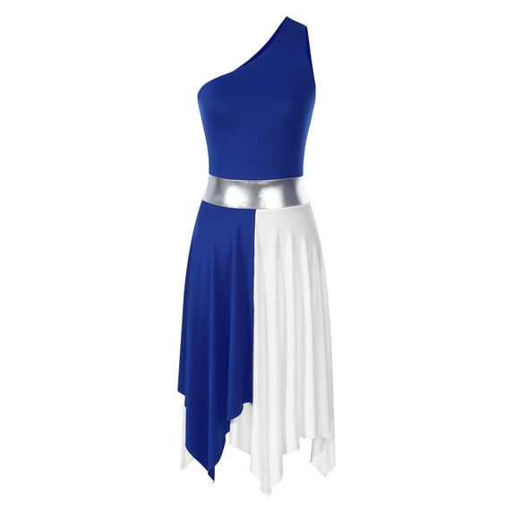 MSemis Women's One Shoulder Color Block Lyrical Worship Praise Dance Dress Royal_Blue S