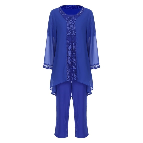 MSemis Women's Pant Suits Plus Size 3-Piece Embroidered Wedding Guest Evening Mother Of Pant Suit Blue 4XL