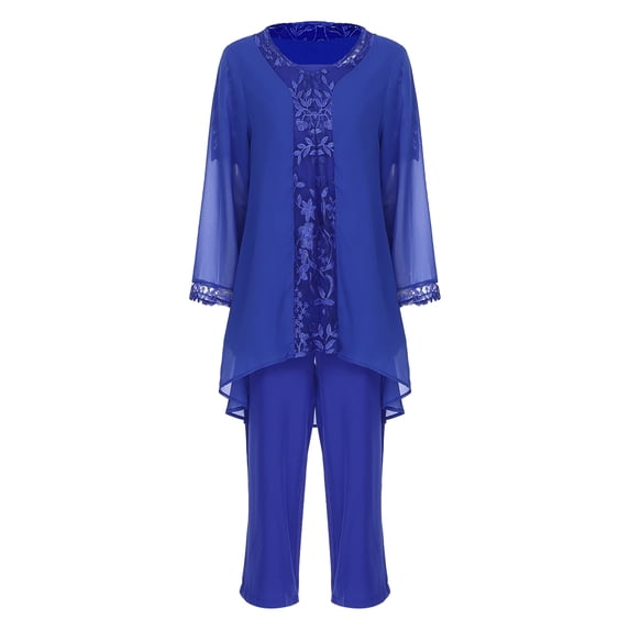 MSemis Women's Pant Suits Plus Size 3-Piece Embroidered Wedding Guest Evening Mother Of Pant Suit Blue L/0XL