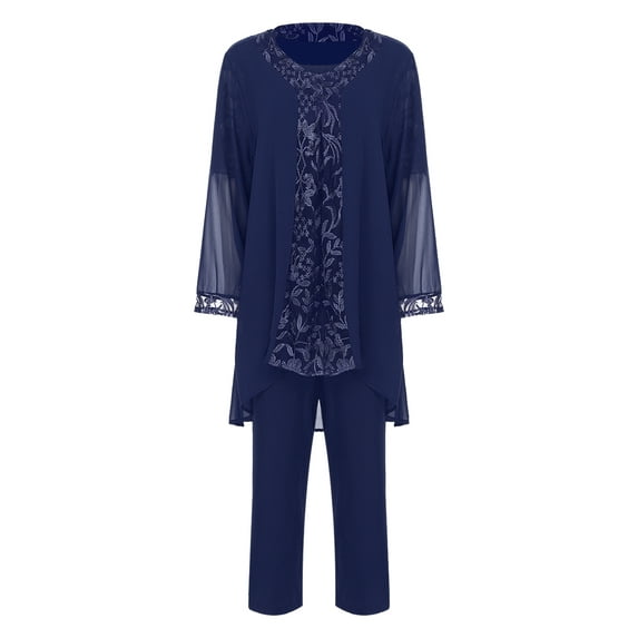 MSemis Women's Pant Suits Plus Size 3-Piece Embroidered Wedding Guest Evening Mother Of Pant Suit Navy Blue 4XL