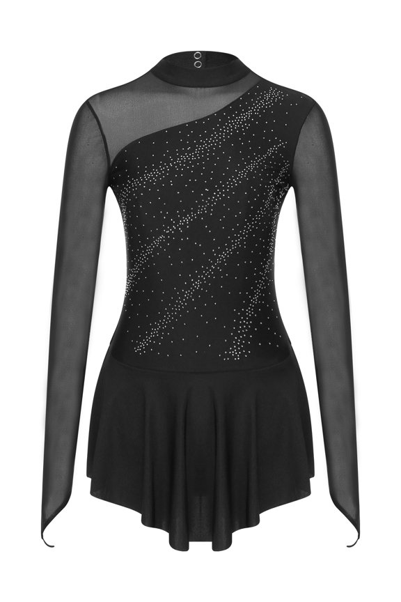 Women's Rhinestone Figure Ice Skating Dress Roller Skating Leotard Black S