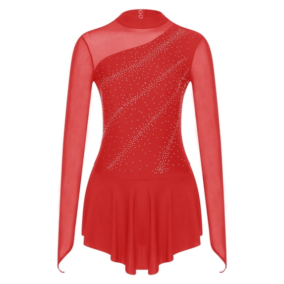 MSemis Women's Rhinestone Figure Ice Skating Dress Roller Skating Leotard Red M