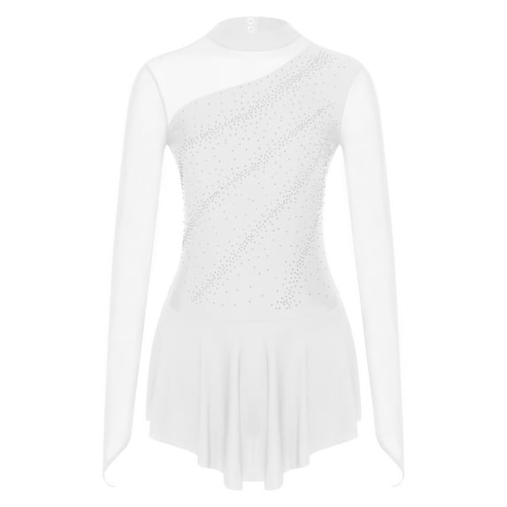 MSemis Women's Rhinestone Figure Ice Skating Dress Roller Skating Leotard White L
