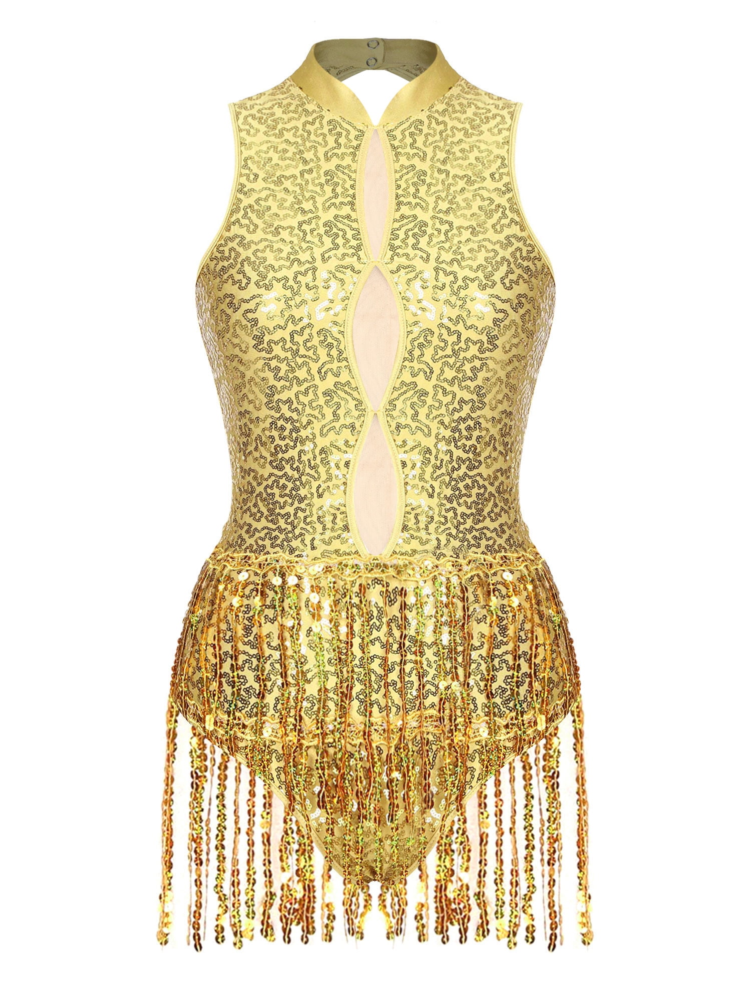 gold sequin dance dress Customized Gold Sequins Latin Dress Backless Tassel Fringed Short Dance  Skirt Tango Salsa Samba Dancewear Competition Outfits – DANCEYM main image 0