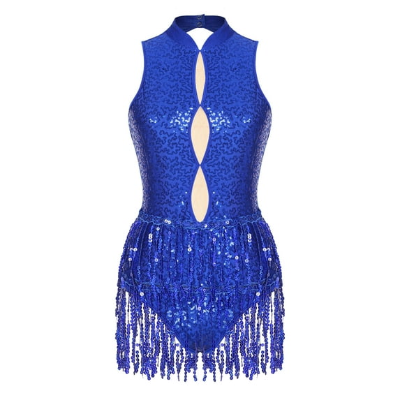 MSemis Women's Sequins Leotard Tassel Latin Dance Dress Costume Royal Blue XXL