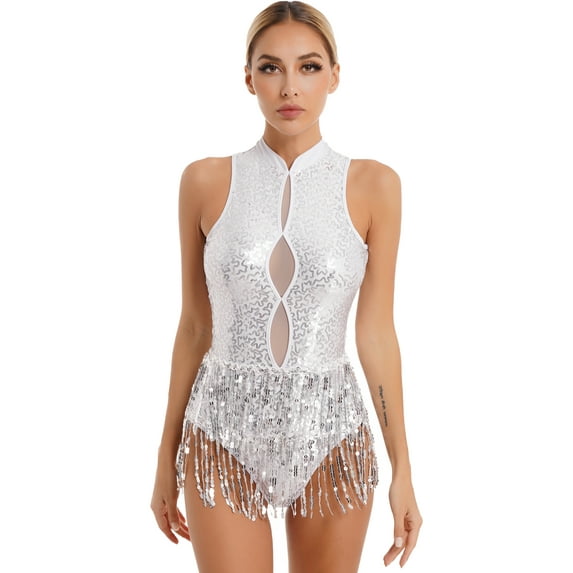 MSemis Women's Sequins Leotard Tassel Latin Dance Dress Costume White XXL