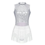 MSemis Women's Sequins Leotard Tassels Latin Rumba Salsa Dance Costume White L