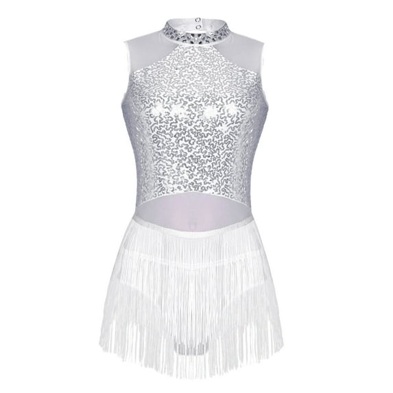 MSemis Women's Sequins Leotard Tassels Latin Rumba Salsa Dance Costume White S