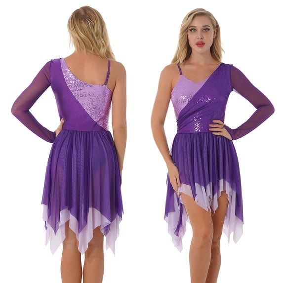 MSemis Women's Sequins Lyrical Dance Costume One Shoulder Ballet Dance Dress