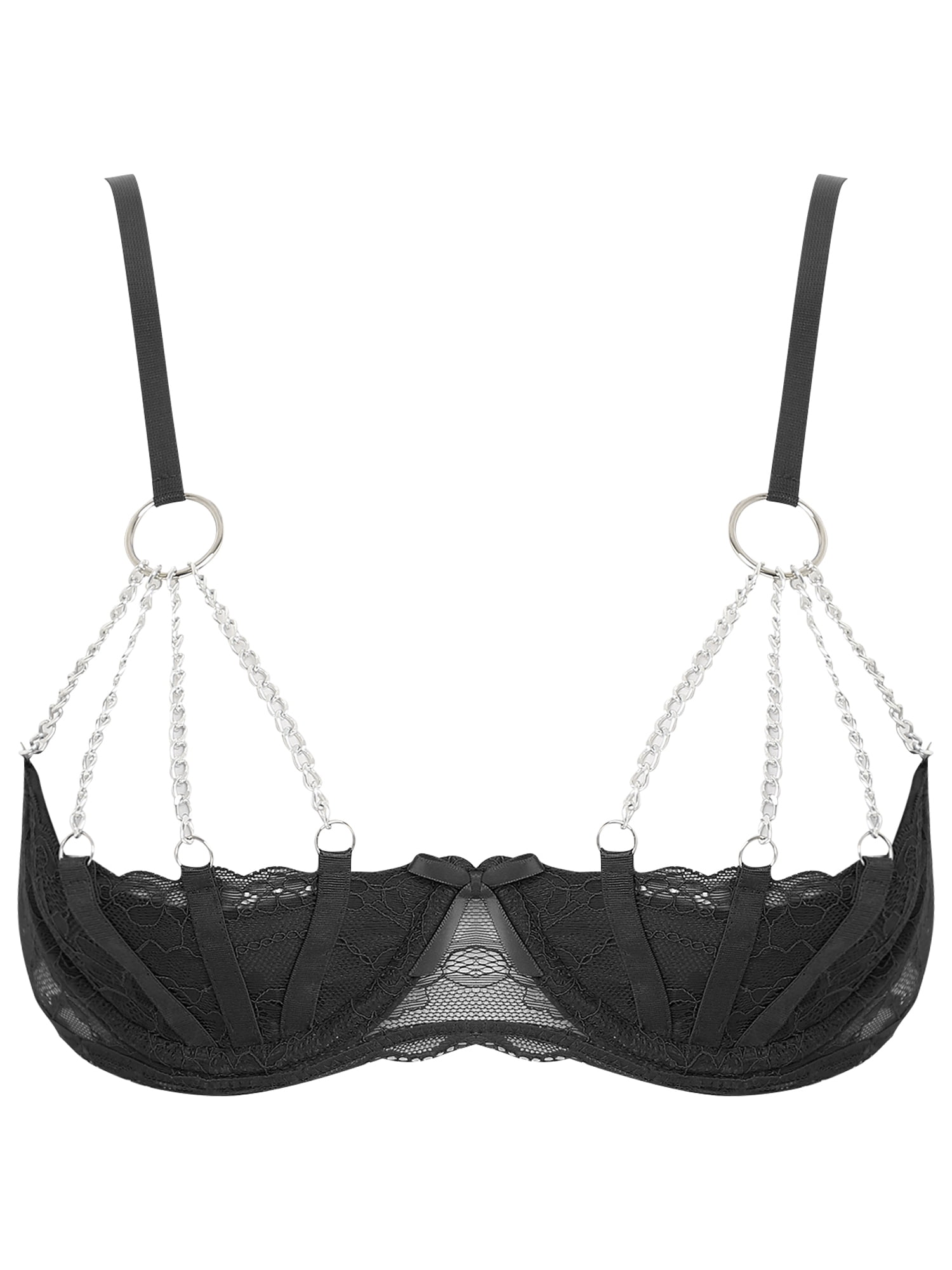 MSemis Women's Sheer Lace Lingerie Open Cups Chains Bra Push