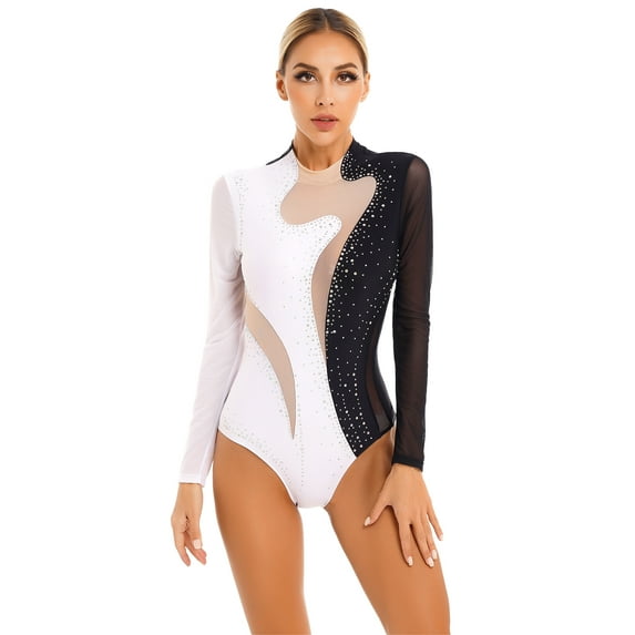MSemis Women's Sparkling Rhinestone Gymnastics Leotards Mesh Athletic Bodysuit Tops Black&White M