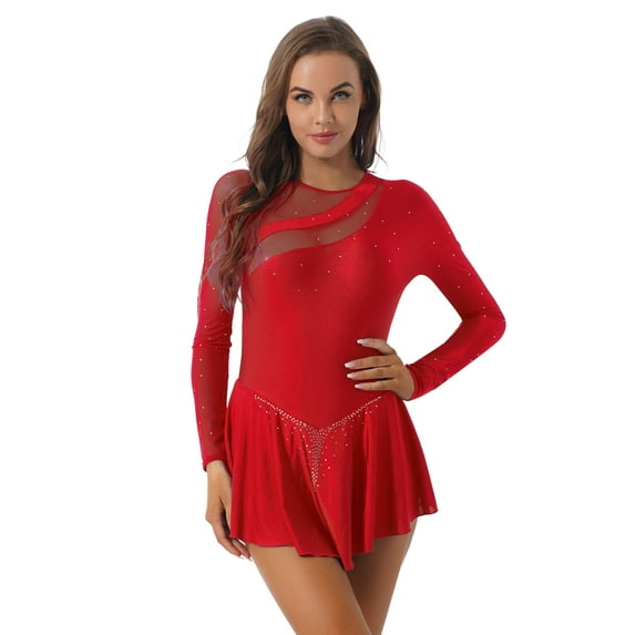 MSemis Women's Sparkling Rhinestone Long Sleeves Gymnastics Leotard Red L