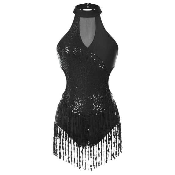 MSemis Women’s Tassels Sequins Leotard Salsa Rumba Samba Dance Costume Black M