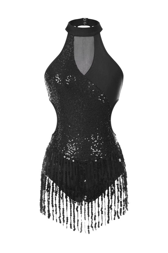 Women’s Tassels Sequins Leotard Salsa Rumba Samba Dance Costume Black XXL