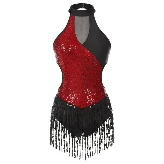 MSemis Women’s Tassels Sequins Leotard Salsa Rumba Samba Dance Costume Burgundy M