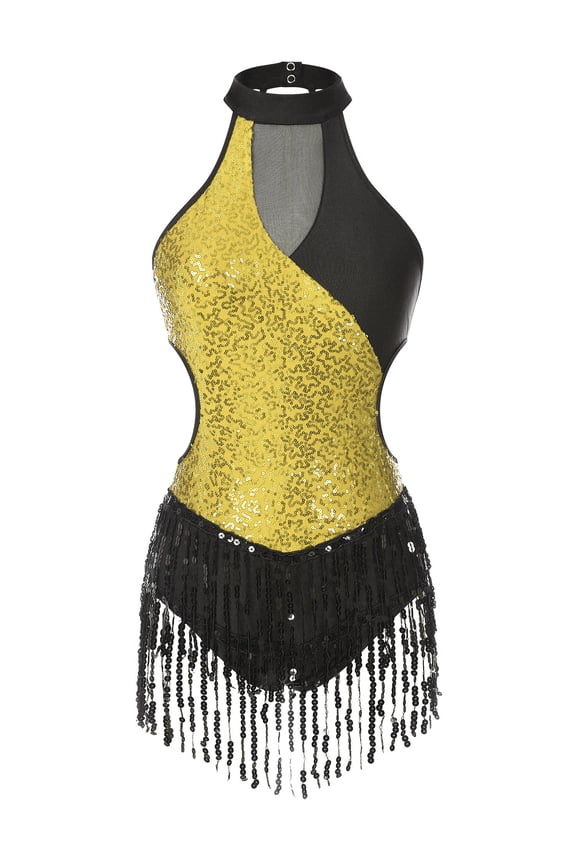Women’s Tassels Sequins Leotard Salsa Rumba Samba Dance Costume Gold L