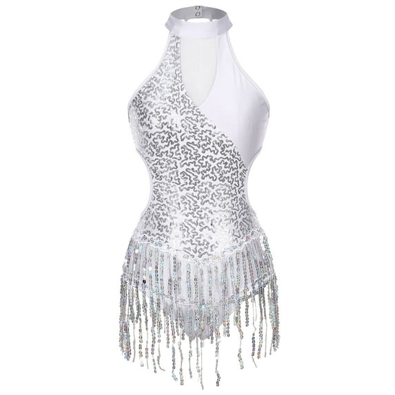 MSemis Women’s Tassels Sequins Leotard Salsa Rumba Samba Dance Costume Silver M