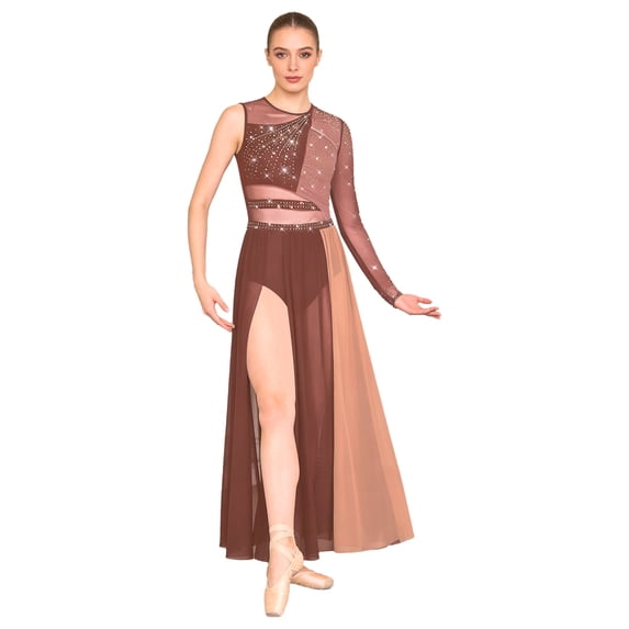 MSemis Womens Modern Lyrical Dance Dress Shiny Rhinestones Side Split Sheer Mesh Dresses Dusty Pink&Orange L
