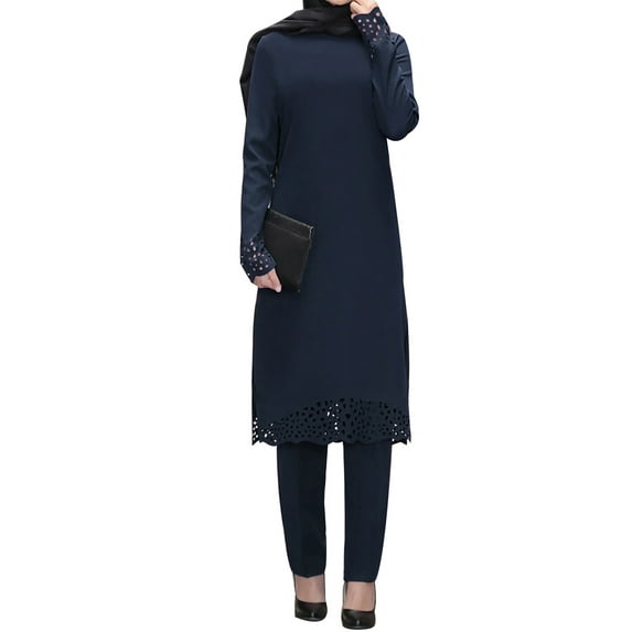 MSemis Womens Muslim Pure Color Robe Outfit Pullover Robe Elastic Waistband Casual Long Pants Suit Navy Blue L