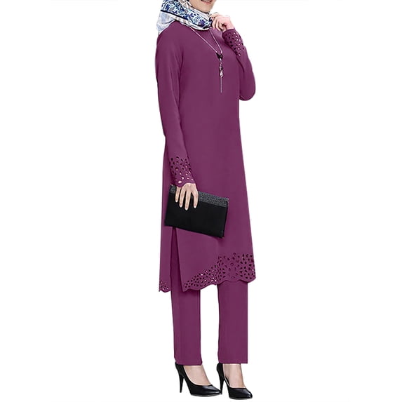 MSemis Womens Muslim Pure Color Robe Outfit Pullover Robe Elastic Waistband Casual Long Pants Suit Purple L