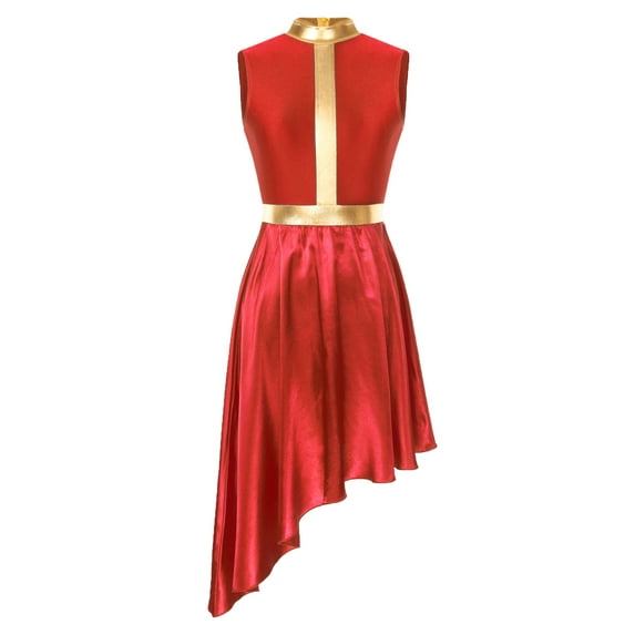 MSemis Womens Satin Praise Dance Dress Overlays Tunics Asymmetrical Skirt Liturgical Lyrical Worship Costume Red XXL