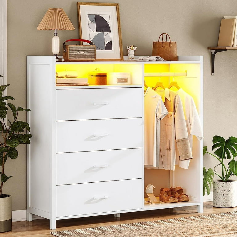 MSmask White Dresser for Bedroom with Clothing Rack&4 Drawers, Modern LED  Chests of Drawers for Living Room Closet