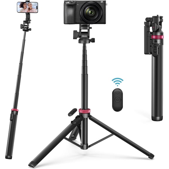 MT-78 Extendable Phone Tripod, metal 72.83" Selfie Stick Camera Tripod Stand with 2 in 1 Phone Clip, 360 B Head Camera Tripod with cold shoe for iPhone 17 , Lightweight for Travel