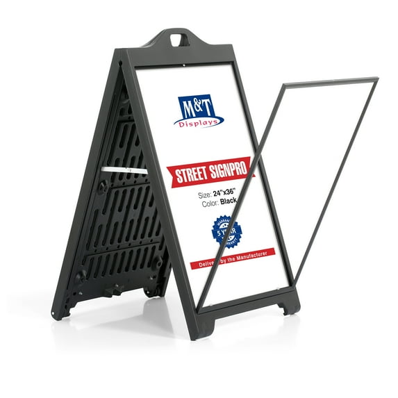 MT Displays Street SignPro A-frame sign holder, black plastic, 24 in x 36 in, with wheels