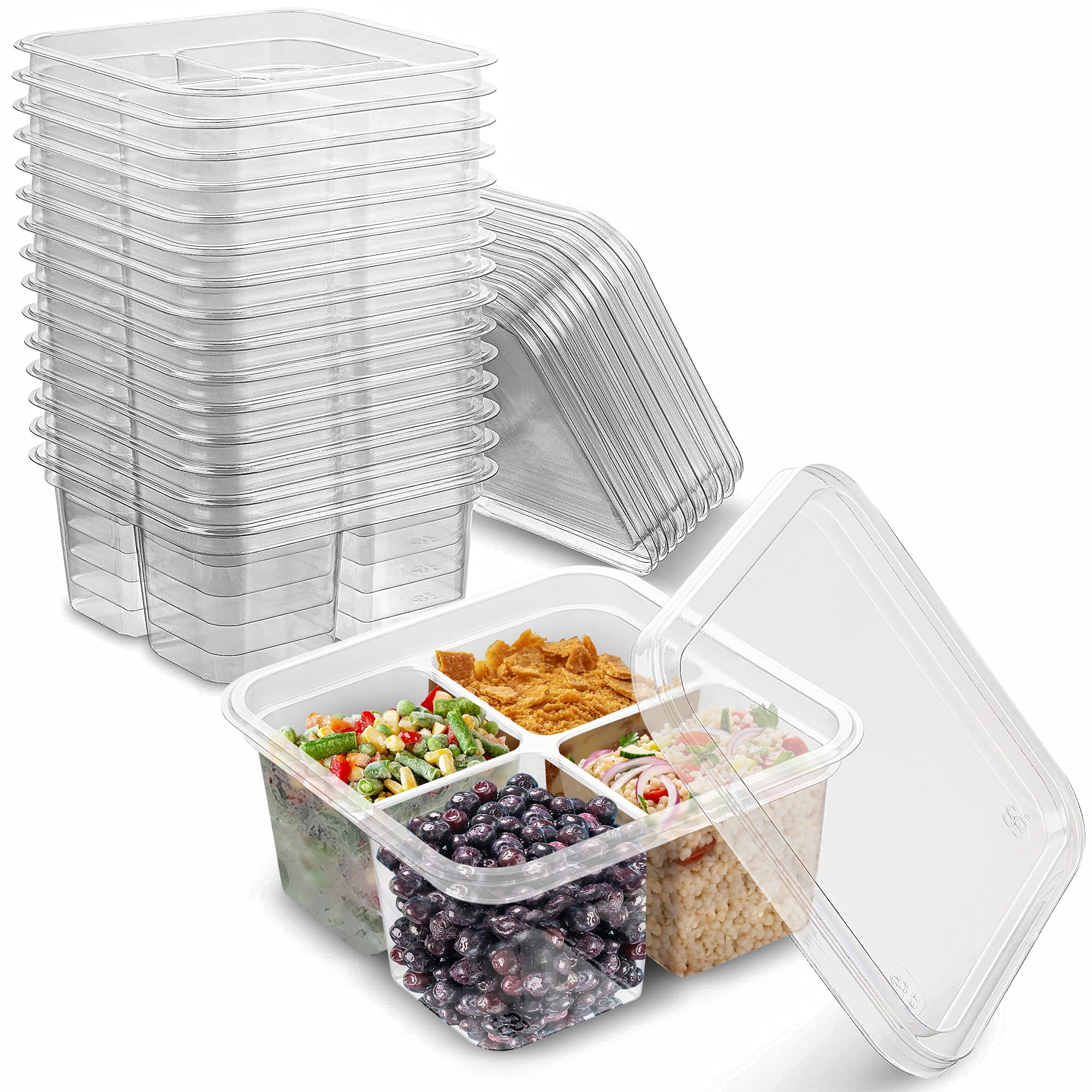 MT Products 4 Compartment Clear Plastic Bento Boxes - 6" x 6" Meal Prep Containers - Pack of 15
