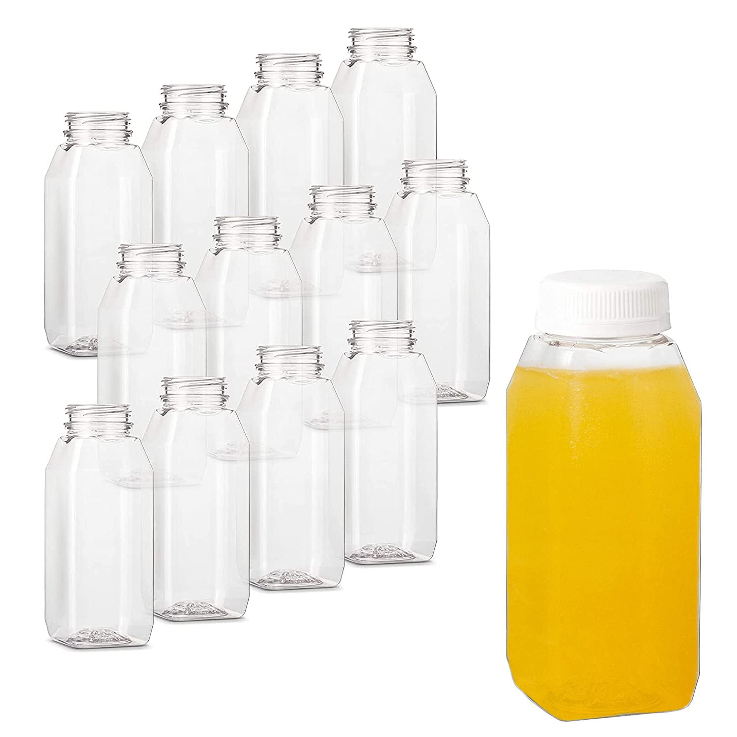 Restaurantware French Countryside 12 Ounce Juice Bottles, 10 Square Juicing Bottles - with Tamper-Evident Caps, Reusable, Clear Glass Juicing
