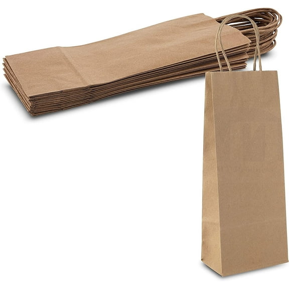 MT Products Brown Paper Wine Gift Bags with Handle 5.25" x 3.25" x 13.13" - Pack of 12
