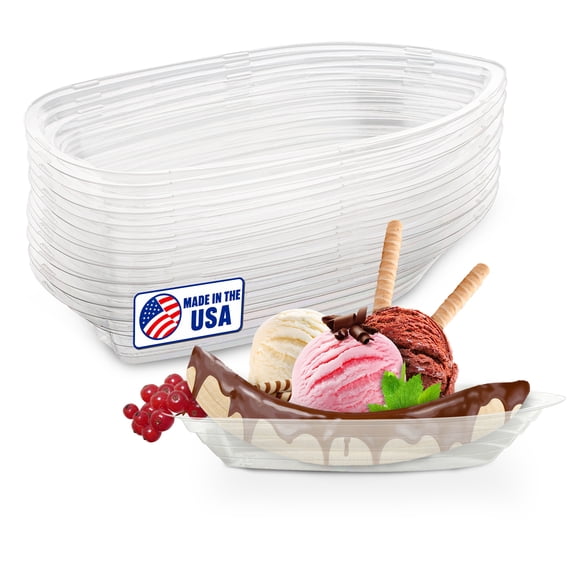 MT Products Clear Plastic Oval Banana Split Boats, 8 oz, Durable Disposable Bowls, Pack of 30